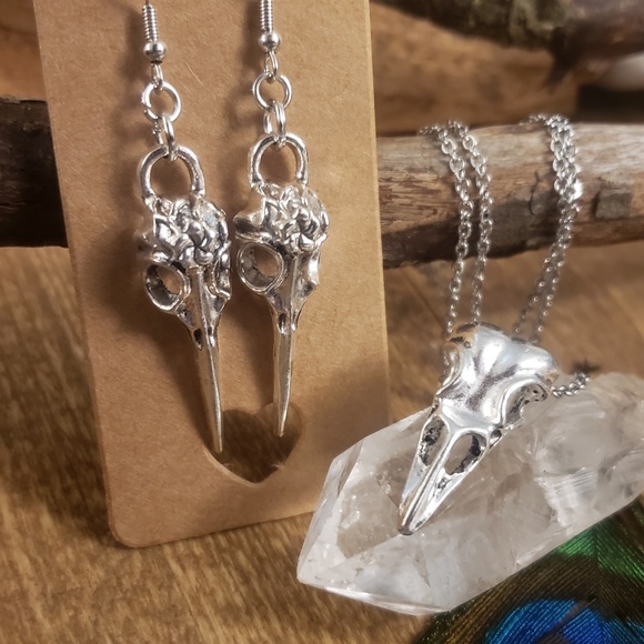 Pagan Raven Skull Necklace & Earrings Jewelry Set Horror Witchy Viking Jewelry - Picture 4 of 16